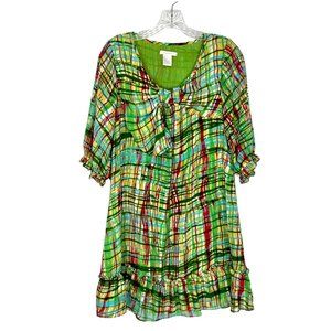 KindLikeLove Womans Green Abstract Plaid Mini Shift Dress Bow Ruffle size Small